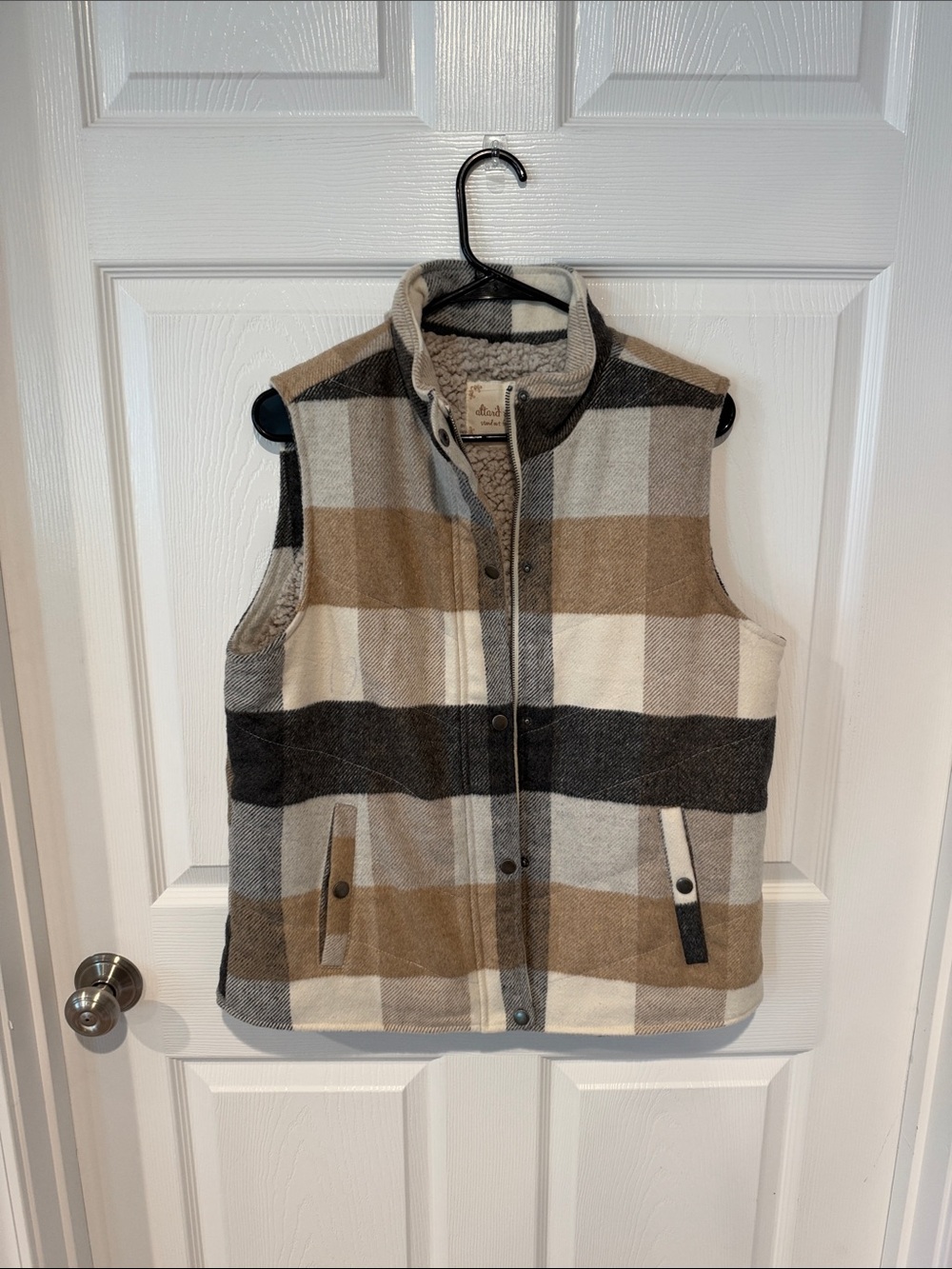 Altar'd State Plaid Sherpa-Lined Vest - Cream, Brown & Gray